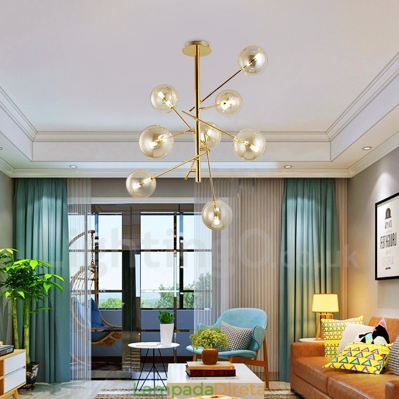 6 Luzes Nordic Lâmpada Lustre Simples Criativo Retro Ferro Bola De Vidro Feijão Mágico Lustre