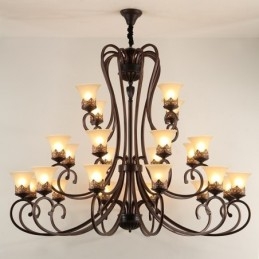24 Luzes Teto Alto Vintage Country Island Pintura Lustre de Metal com Tons de Vidro Teto Alto