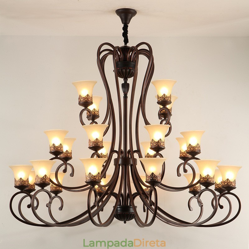 24 Luzes Teto Alto Vintage Country Island Pintura Lustre de Metal com Tons de Vidro Teto Alto
