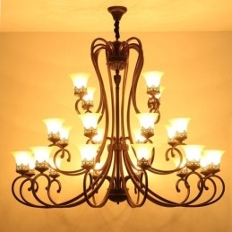 24 Luzes Teto Alto Vintage Country Island Pintura Lustre de Metal com Tons de Vidro Teto Alto