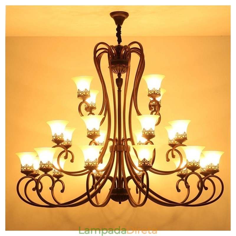 24 Luzes Teto Alto Vintage Country Island Pintura Lustre de Metal com Tons de Vidro Teto Alto