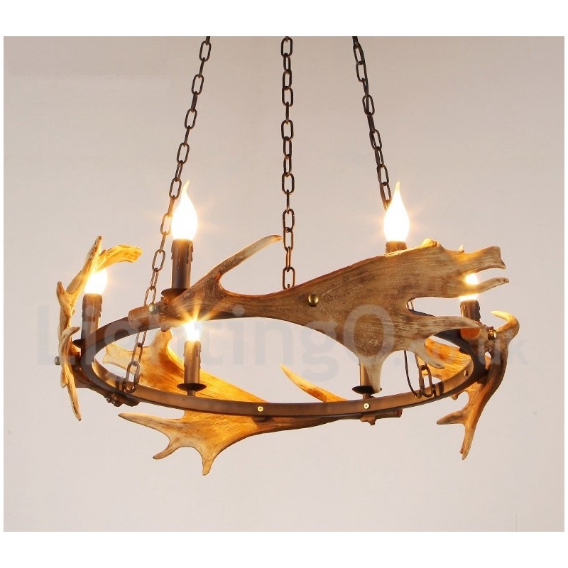 Lustre de chifre de veado rústico de 6 luzes