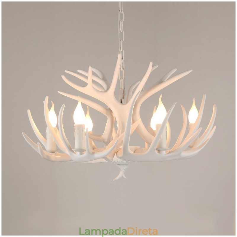 Lustre branco de chifre retrô artístico rústico de 6 luzes