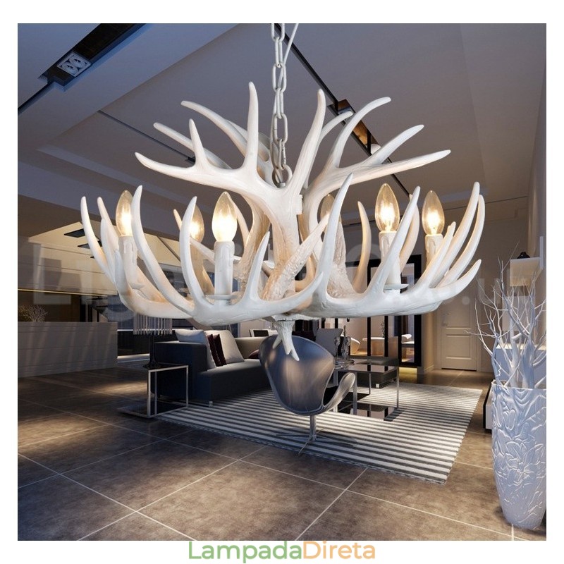 Lustre branco de chifre retrô artístico rústico de 6 luzes