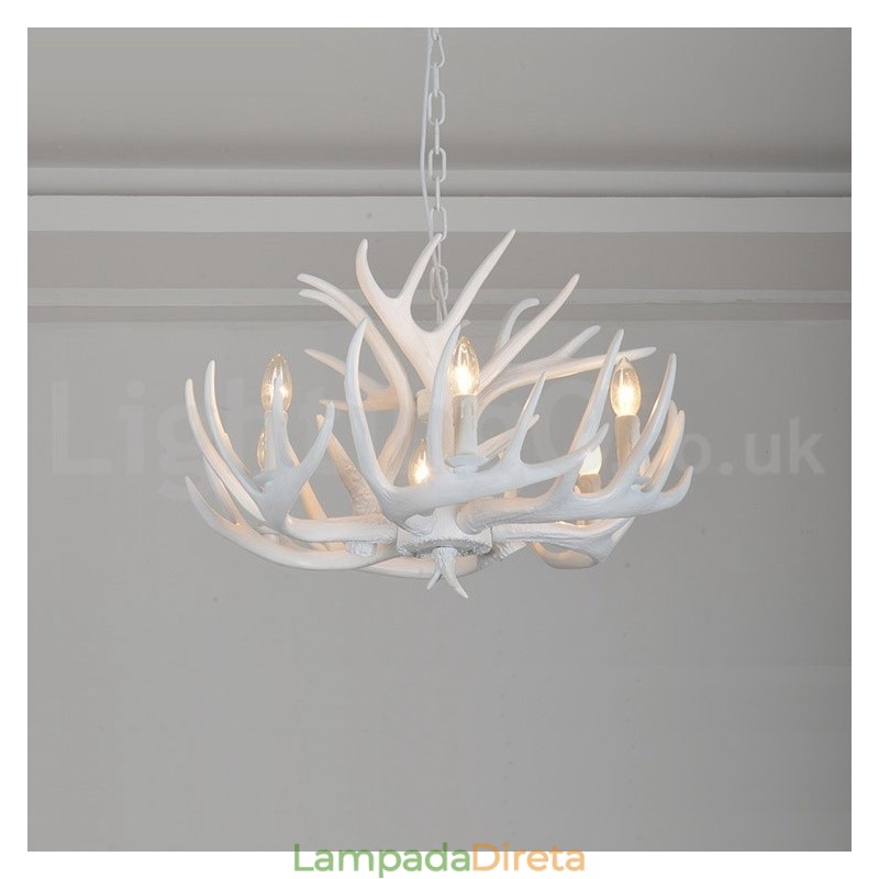 Lustre branco de chifre retrô artístico rústico de 6 luzes