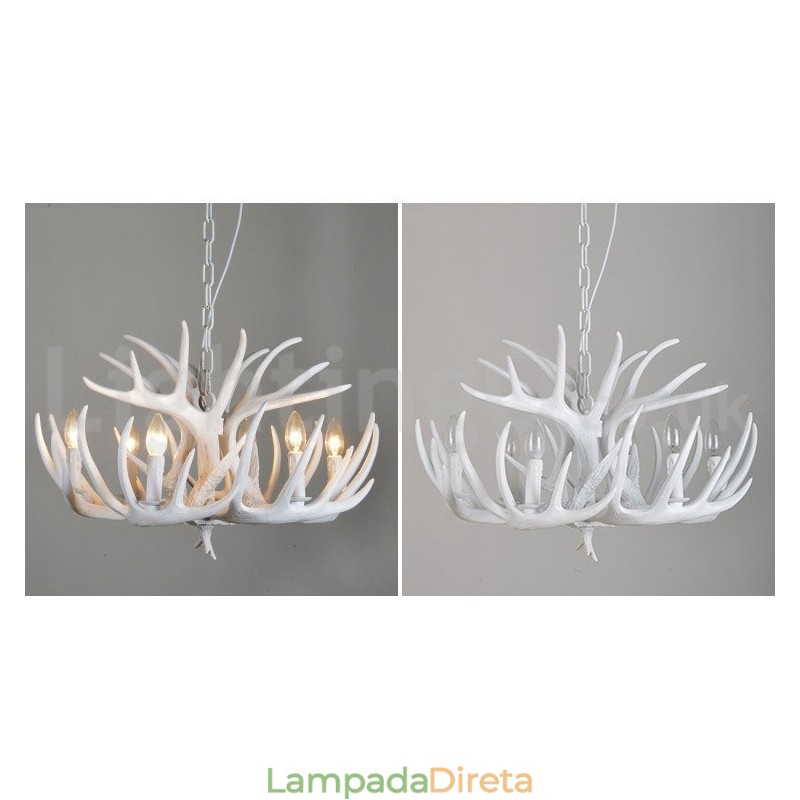 Lustre branco de chifre retrô artístico rústico de 6 luzes