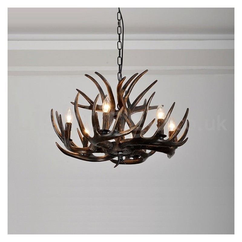 Lustre preto de chifre retrô artístico rústico de 6 luzes