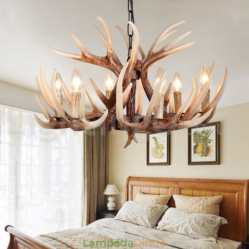 Lustre vintage de chifre retrô artístico rústico de 6 luzes