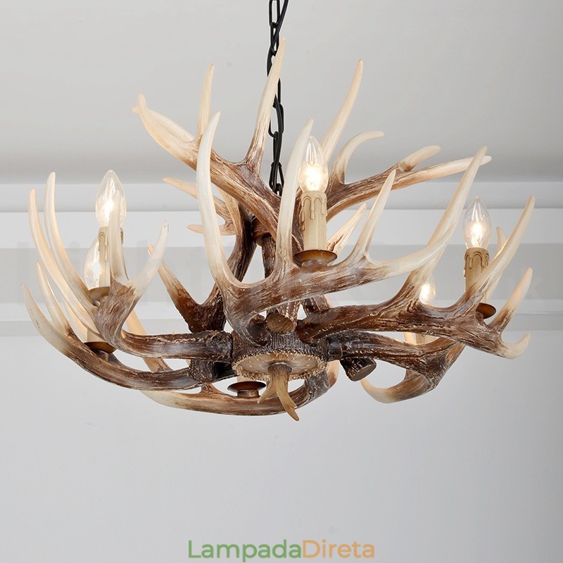 Lustre vintage de chifre retrô artístico rústico de 6 luzes