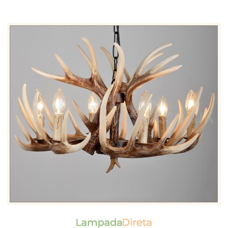 Lustre vintage de chifre retrô artístico rústico de 6 luzes