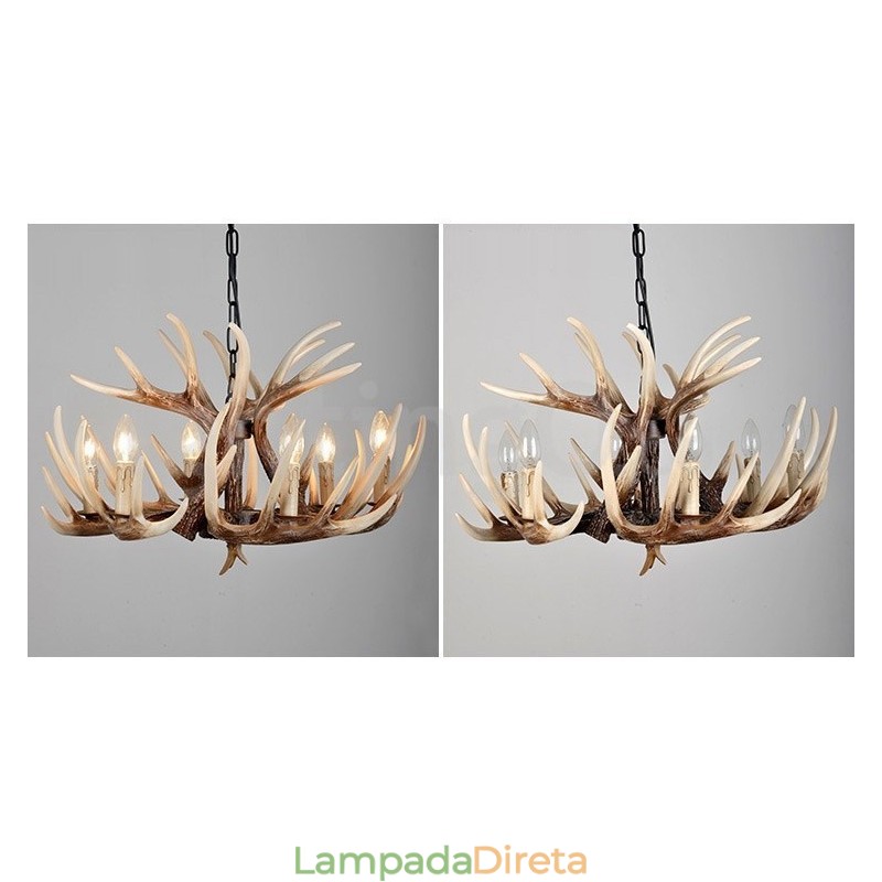 Lustre vintage de chifre retrô artístico rústico de 6 luzes