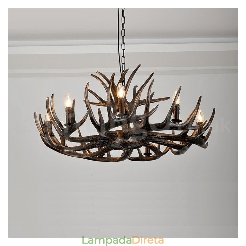 Lustre preto de chifre retrô artístico rústico de 9 luzes