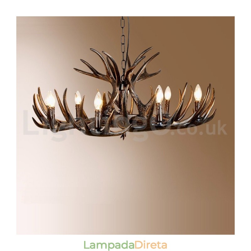 Lustre preto de chifre retrô artístico rústico de 9 luzes