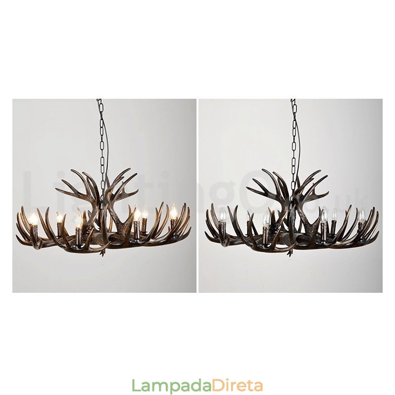 Lustre preto de chifre retrô artístico rústico de 9 luzes