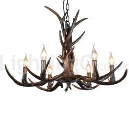 Lustre vintage preto com 6 luzes, rústico, artístico, retrô, chifre