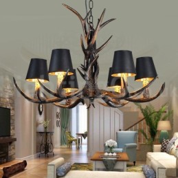 Lustre vintage preto com 6 luzes, rústico, artístico, retrô, chifre