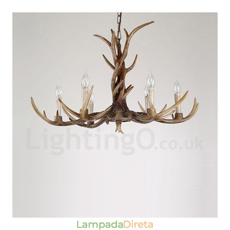 Lustre de vela vintage com chifres retrô artístico rústico de 6 luzes
