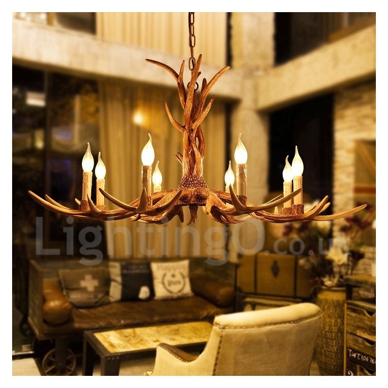 Lustre de vela vintage com chifres retrô artístico rústico de 8 luzes