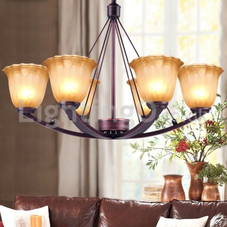 Lustre rústico de vidro com 6 lâmpadas em aço inoxidável Lustre rústico de vidro com 6 lâmpadas em aço inoxidável