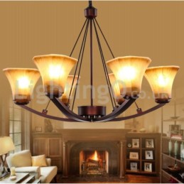 Lustre rústico de vidro com 6 lâmpadas em aço inoxidável