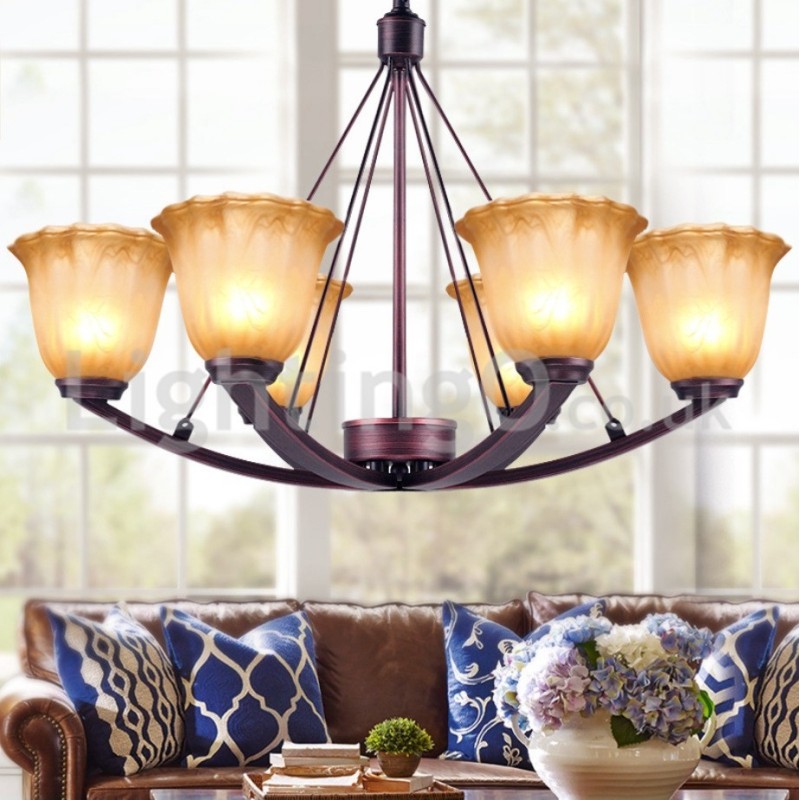 Lustre rústico de vidro com 6 lâmpadas em aço inoxidável