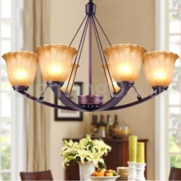 Lustre rústico de vidro com 6 lâmpadas em aço inoxidável