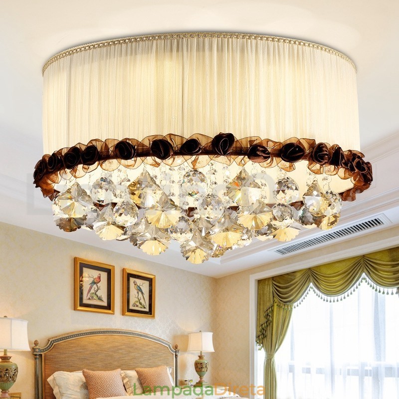 Luminária de teto de cristal redonda contemporânea moderna de 50 cm com abajur de tecido