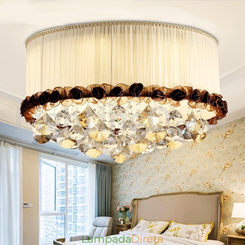 Luminária de teto de cristal redonda contemporânea moderna de 50 cm com abajur de tecido