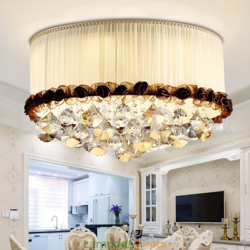 Luminária de teto de cristal redonda contemporânea moderna de 50 cm com abajur de tecido