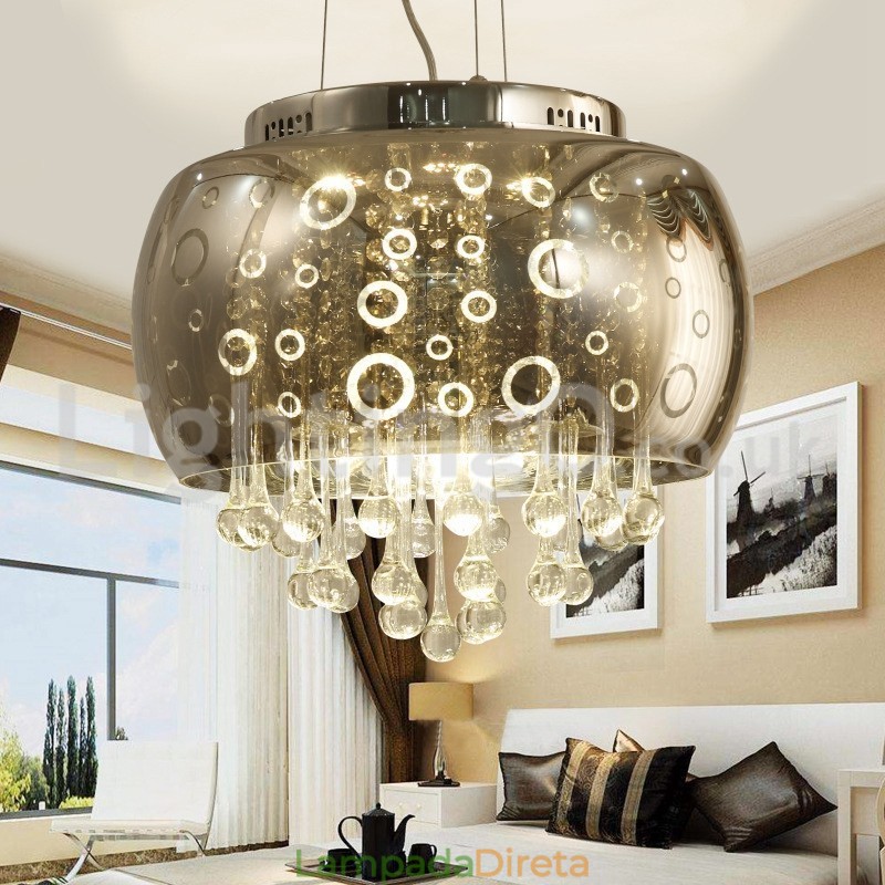 Abajur de vidro redondo moderno de 40 cm com pingente de cristal