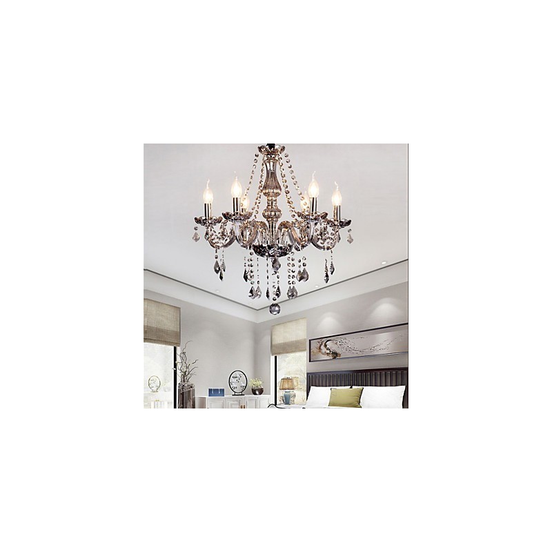 Lustre de cristal europeu de 6 luzes em vidro e cristal de cor cinza