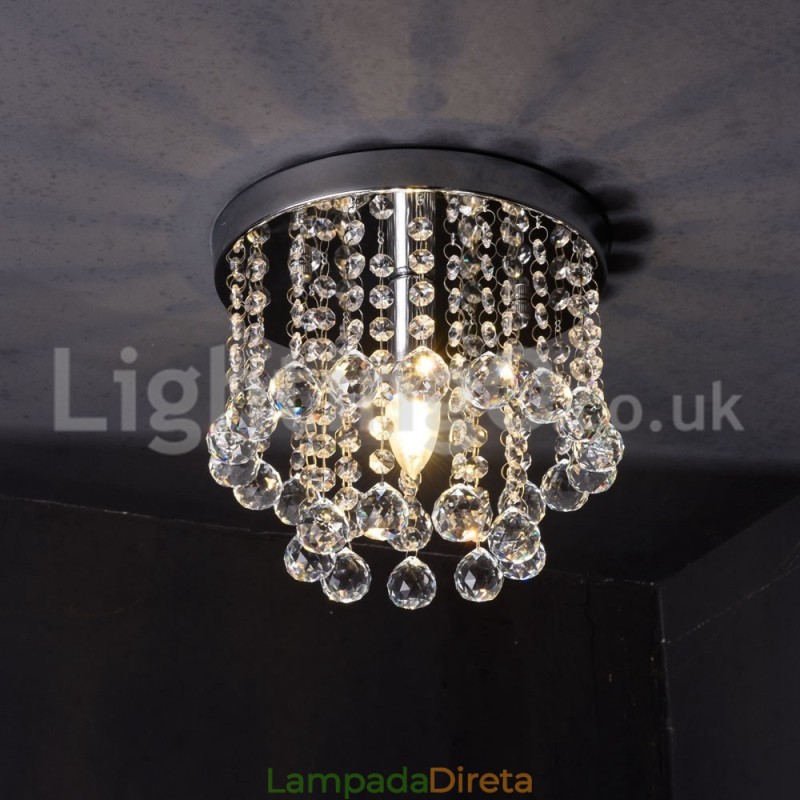 Lustre de cristal redondo moderno para varanda com luz embutida