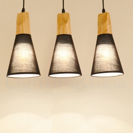 Luminária pendente moderna de madeira com 1 luz e 3 luzes e cúpula de tecido Luminária pendente moderna de madeira com 1 luz e 3 luzes e cúpula de tecido