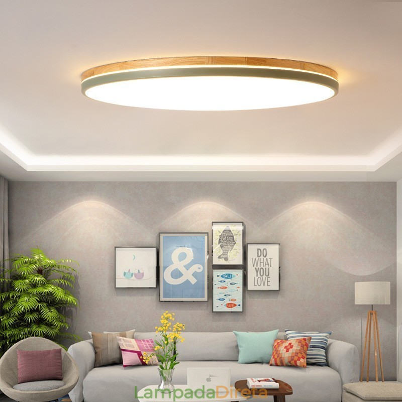Luminária de teto redonda de madeira multicolorida ultrafina regulável com abajur de acrílico estilo nórdico