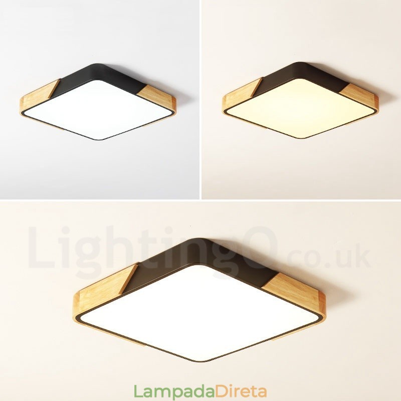 Luminária de teto quadrada de madeira multicolorida ultrafina regulável com abajur de acrílico estilo nórdico
