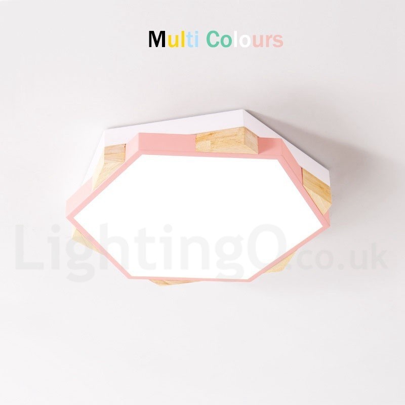 Luminária de teto de madeira hexagonal multicolorida regulável com abajur de acrílico estilo nórdico