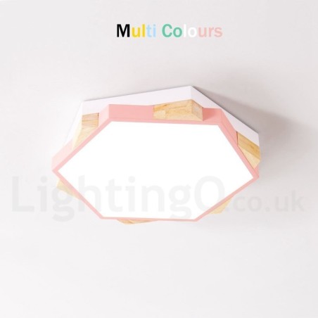 Luminária de teto de madeira hexagonal multicolorida regulável com abajur de acrílico estilo nórdico Luminária de teto de madeira hexagonal multicolorida regulável com abajur de acrílico estilo nórdico