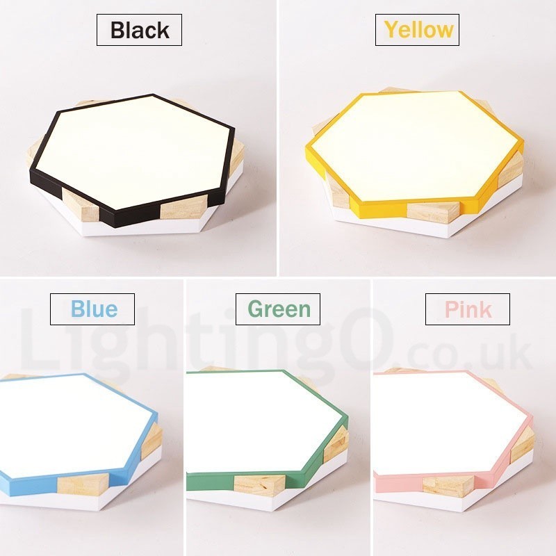 Luminária de teto de madeira hexagonal multicolorida regulável com abajur de acrílico estilo nórdico