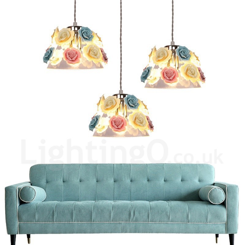 Luminária pendente de teto com flores de macaron multicoloridas e abajur de vidro