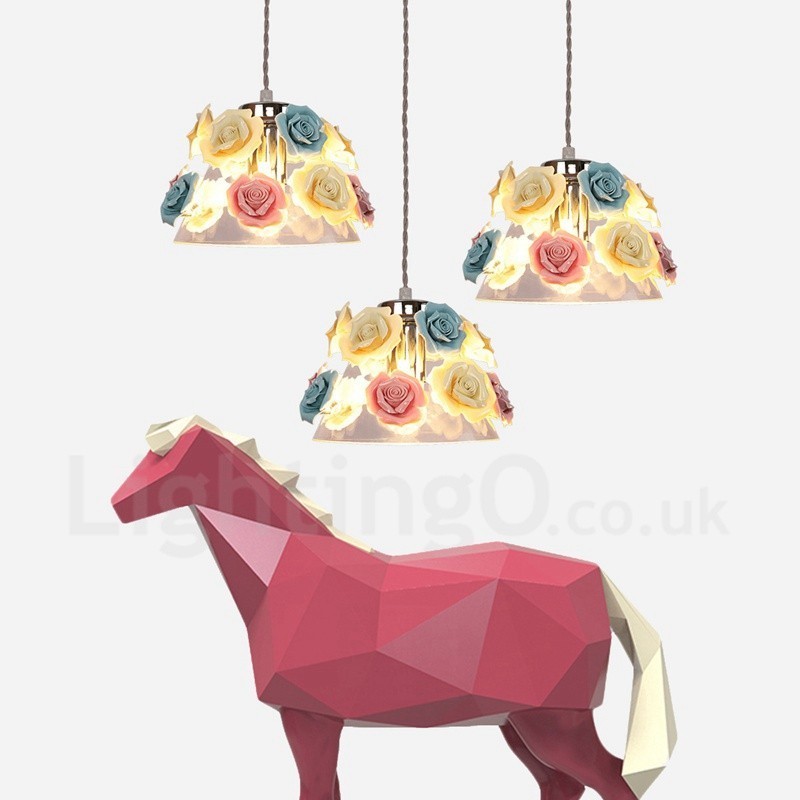 Luminária pendente de teto com flores de macaron multicoloridas e abajur de vidro