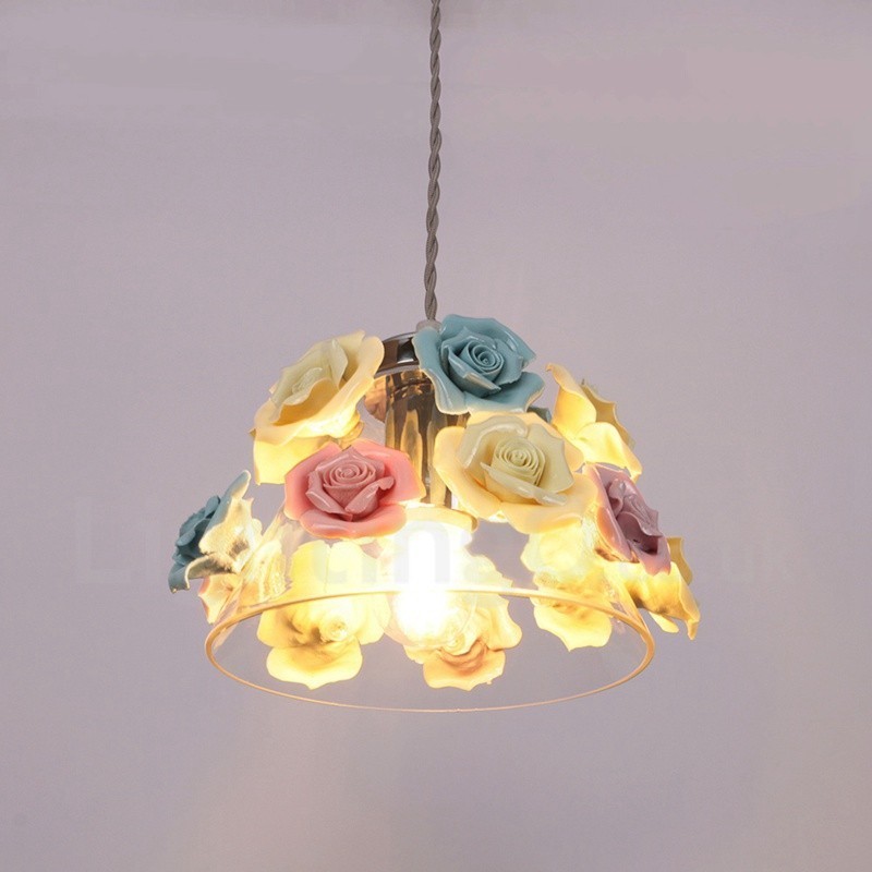 Luminária pendente de teto com flores de macaron multicoloridas e abajur de vidro