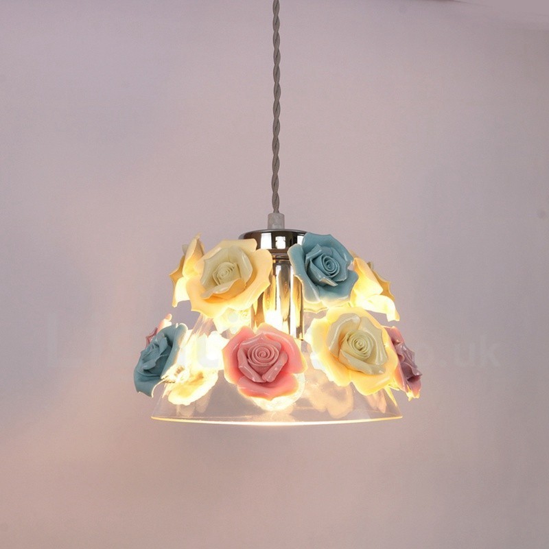 Luminária pendente de teto com flores de macaron multicoloridas e abajur de vidro