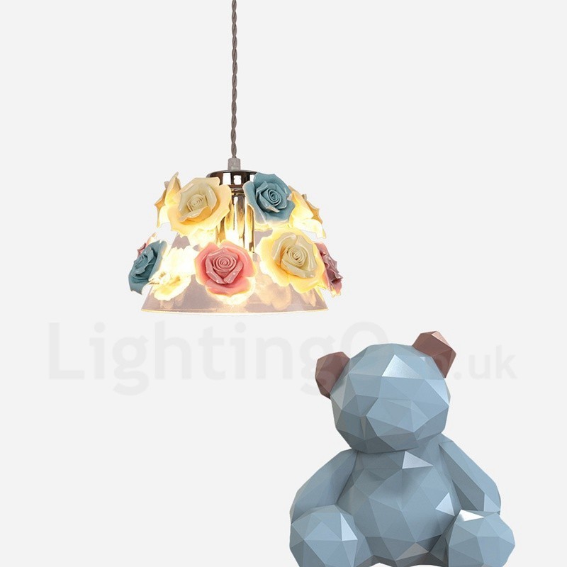 Luminária pendente de teto com flores de macaron multicoloridas e abajur de vidro