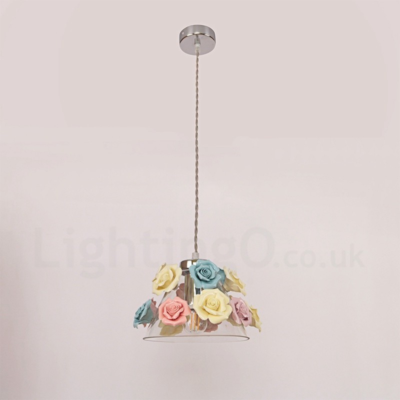 Luminária pendente de teto com flores de macaron multicoloridas e abajur de vidro