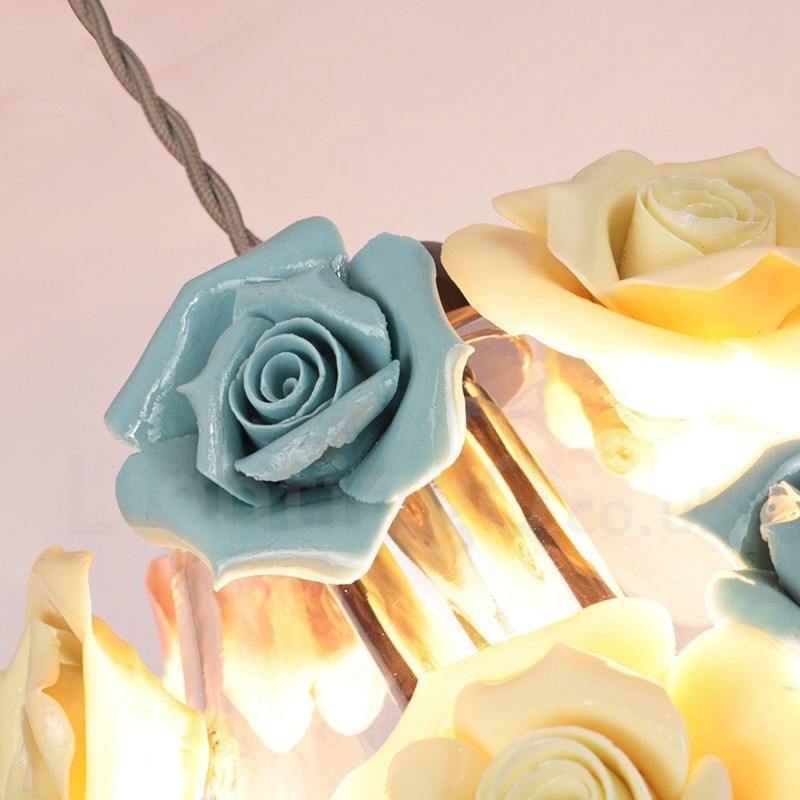Luminária pendente de teto com flores de macaron multicoloridas e abajur de vidro