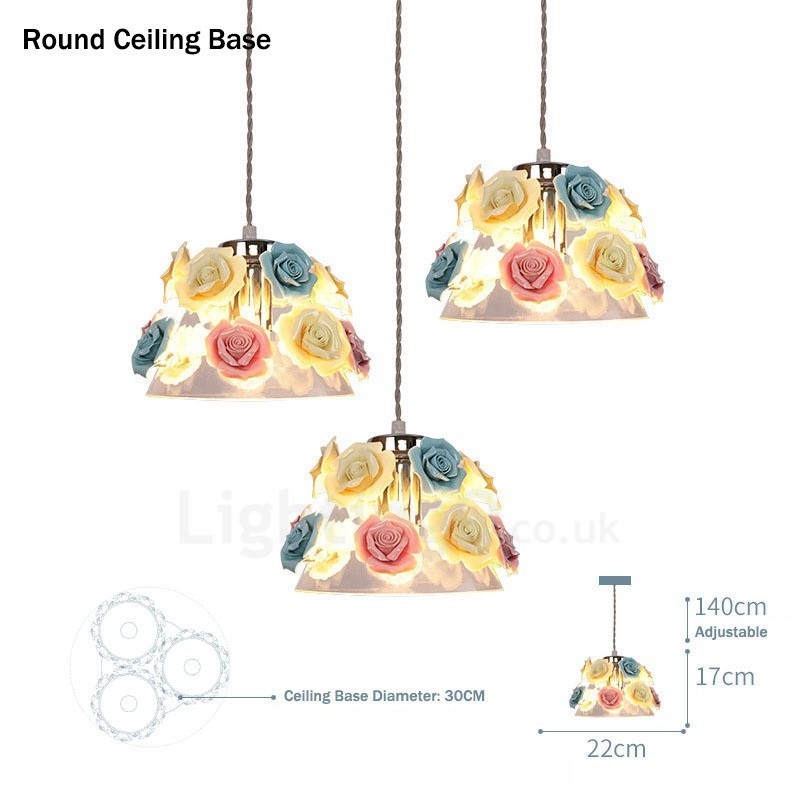 Luminária pendente de teto com flores de macaron multicoloridas e abajur de vidro