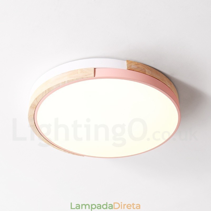 Luminária de teto redonda de madeira multicolorida regulável com abajur de acrílico estilo nórdico