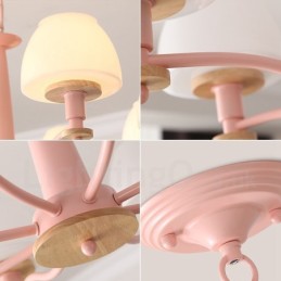 6 Luzes 8 Luzes Multi Cores Macaron Madeira Pendente Luz com Tons de Vidro Lustre Estilo Nórdico