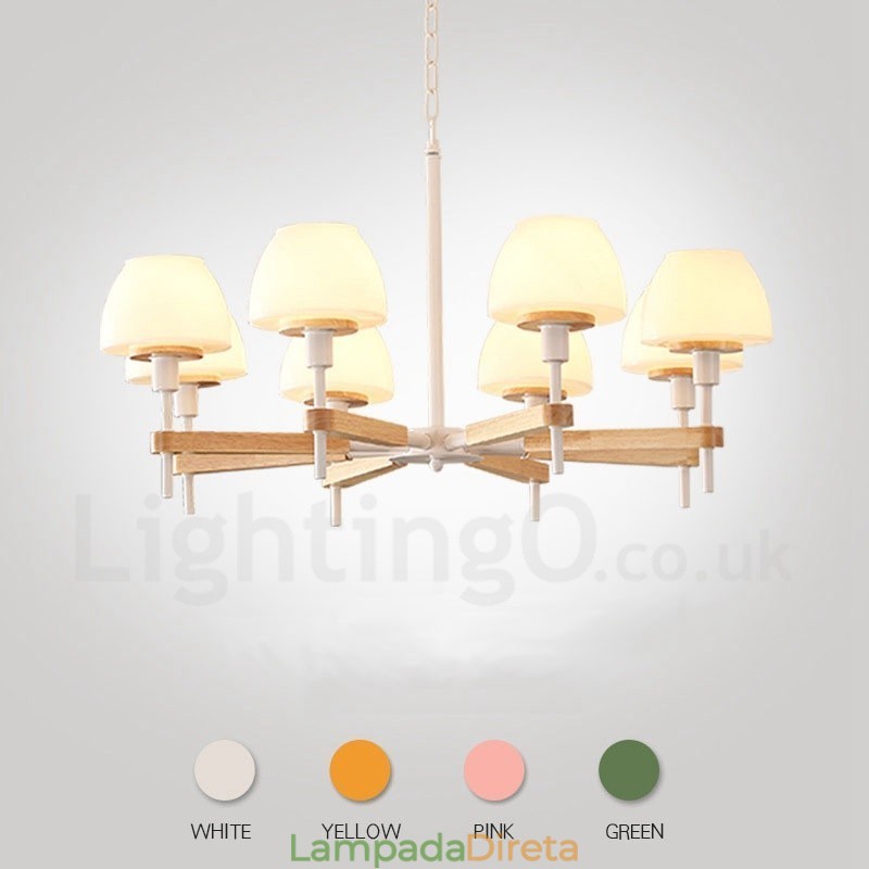 6 Luzes 8 Luzes Multi Cores Macaron Madeira Pendente Luz com Tons de Vidro Lustre Estilo Nórdico