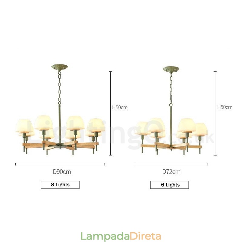 6 Luzes 8 Luzes Multi Cores Macaron Madeira Pendente Luz com Tons de Vidro Lustre Estilo Nórdico
